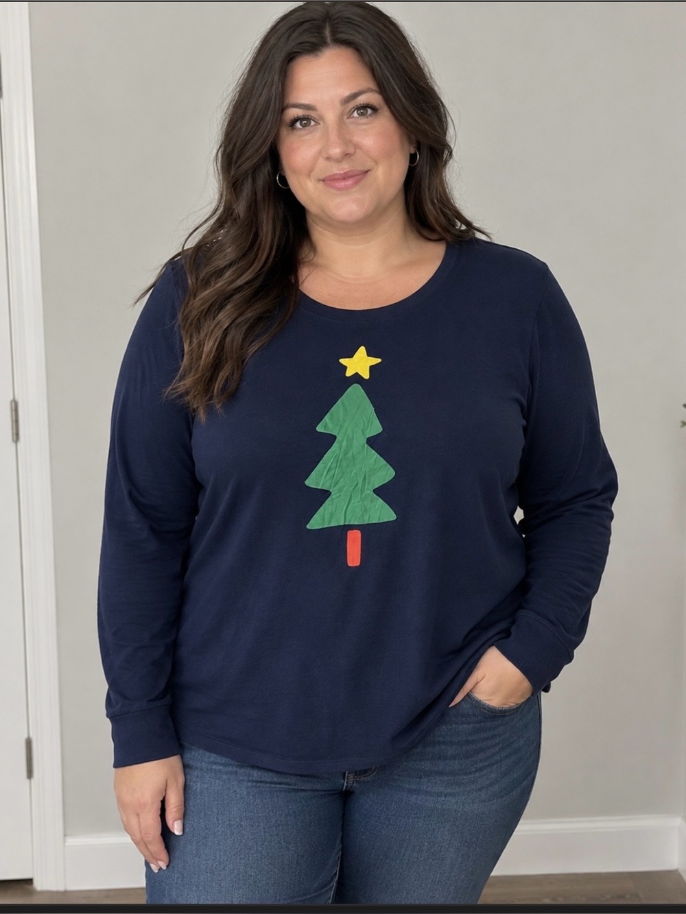 Merry Lane Christmas Tree Holiday Top Women’s Large NWT Navy Blue